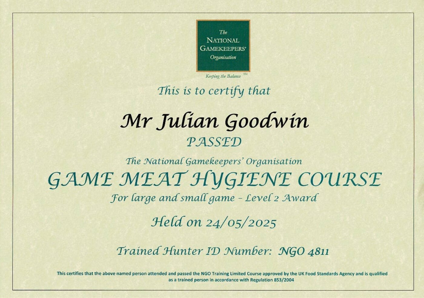 NGO Game Meat Hygiene Course Level 2 Certificate - Julian Goodwin